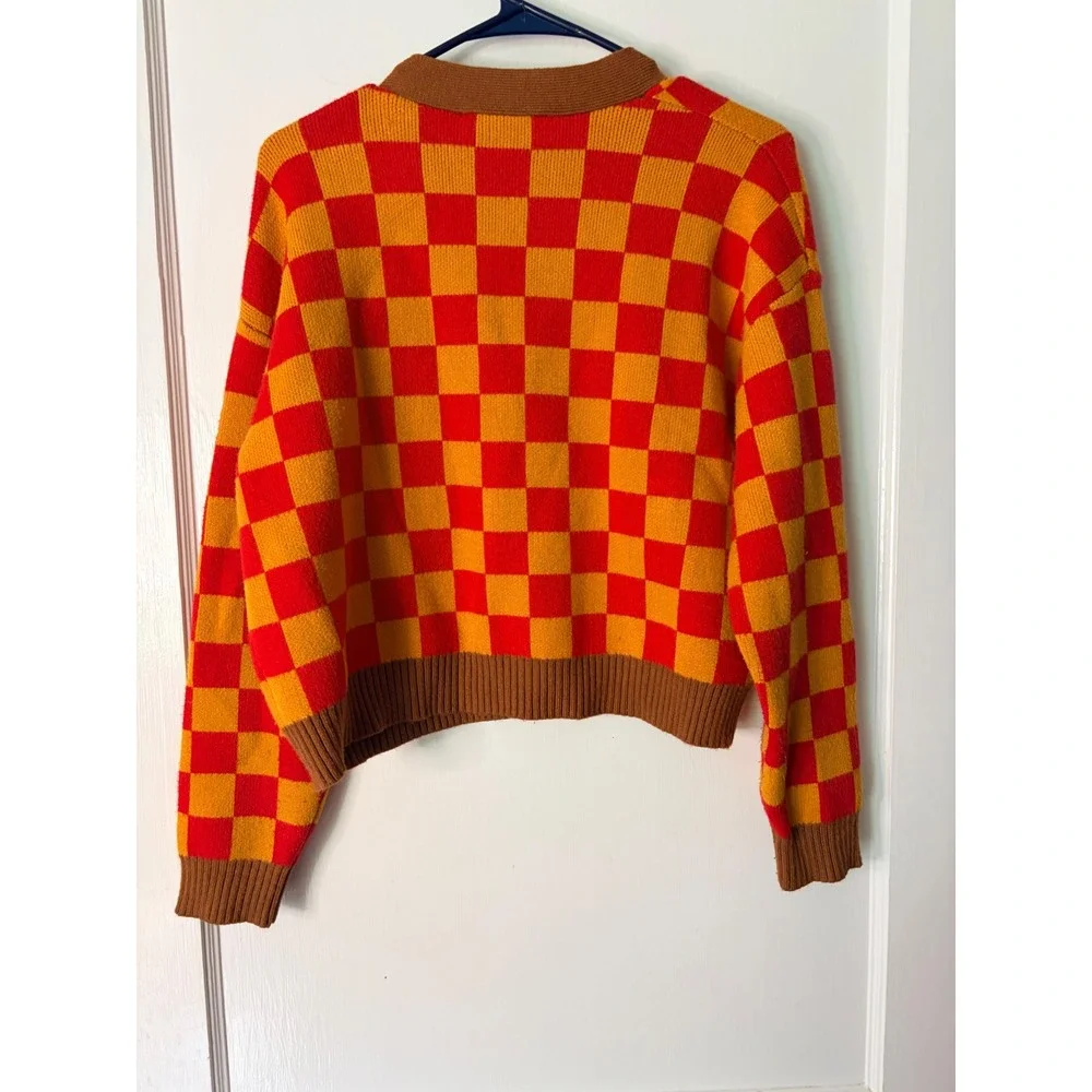 Lisa Says Gah Checkered Cardigan Sweater Red Orange Yellow XS/S Button Front - Picture 4 of 4